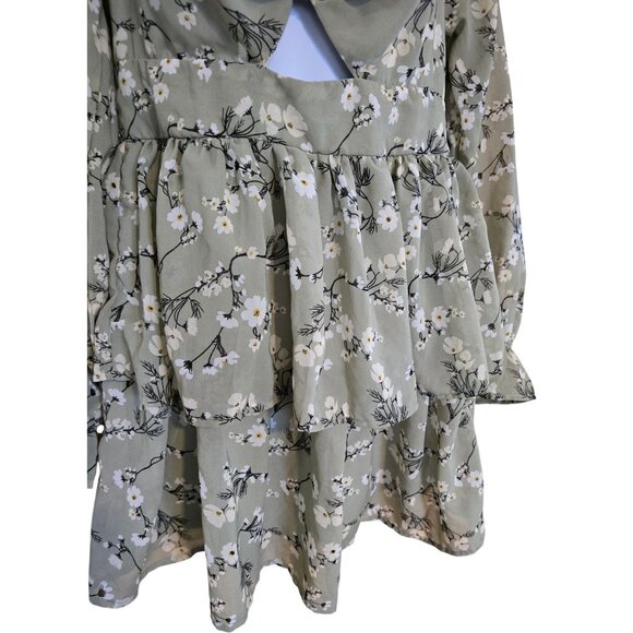 Green Floral Long Sleeve Boho Dress Cute Tiered peasant cottagecore flower power - Picture 7 of 9